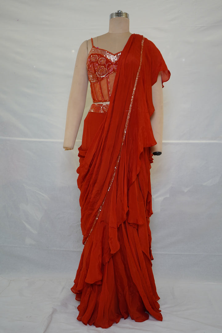 Red Ready-to-Wear Ruffle Saree with Embroidered Corset Blouse & Sheer Pallu