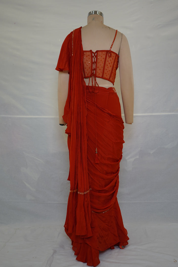 Red Ready-to-Wear Ruffle Saree with Embroidered Corset Blouse & Sheer Pallu