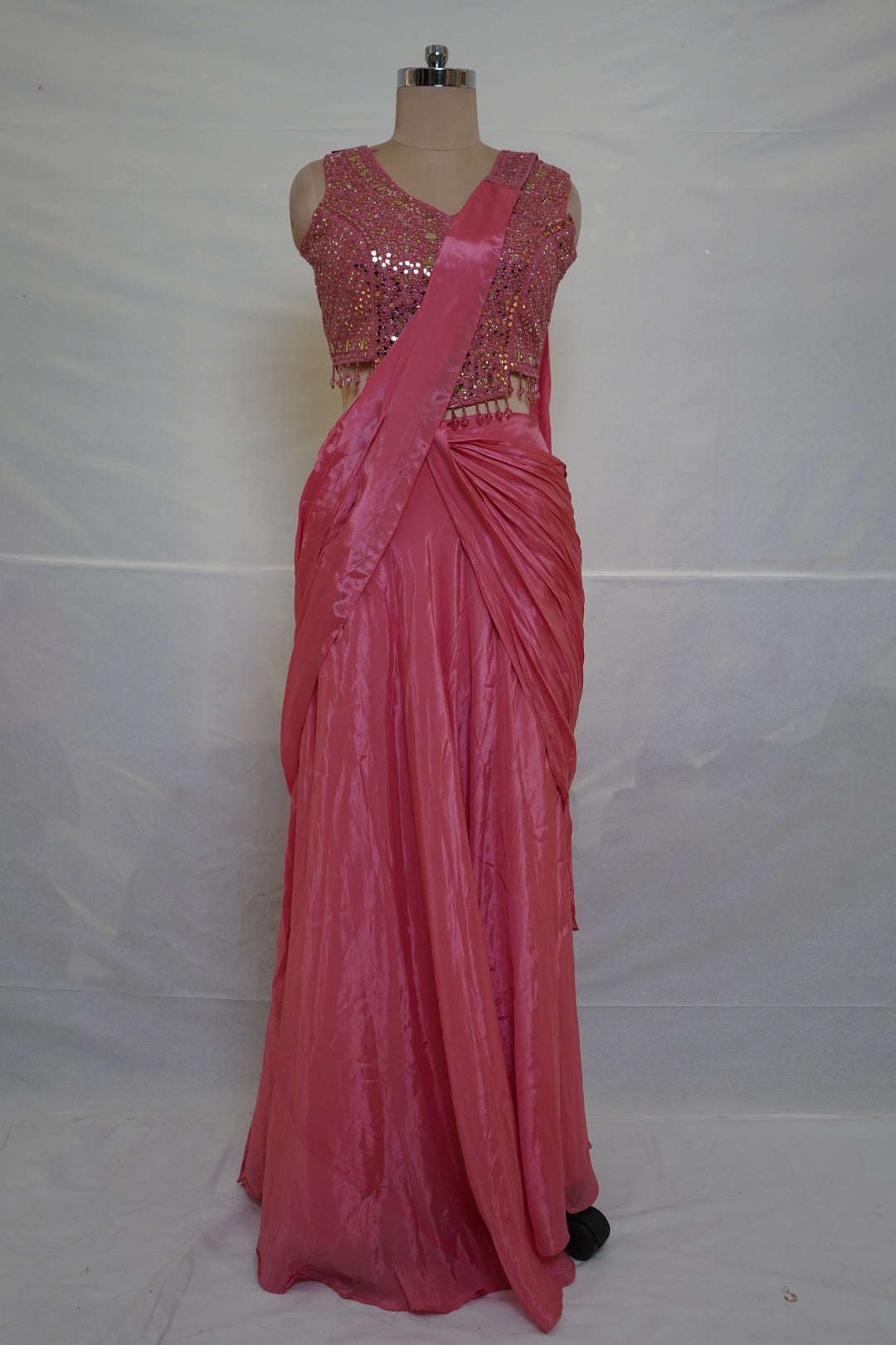 Elegant Pink Satin Saree with Embellished Designer Blouse | Party Wear Draped Saree for Women