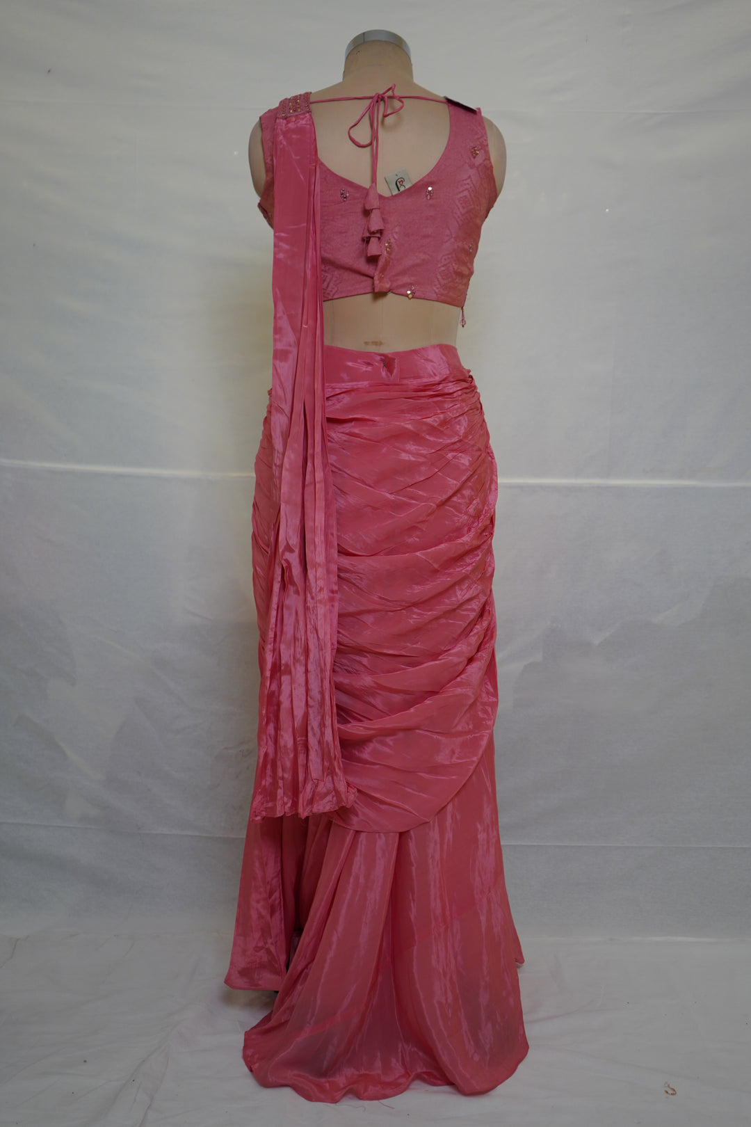 Elegant Pink Satin Saree with Embellished Designer Blouse | Party Wear Draped Saree for Women