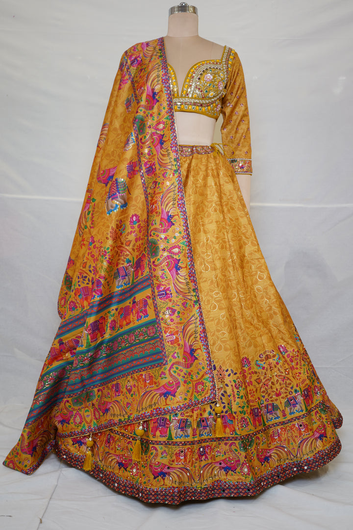Mustard Heritage Print Lehenga Set with Embroidered Blouse & Statement Dupatta