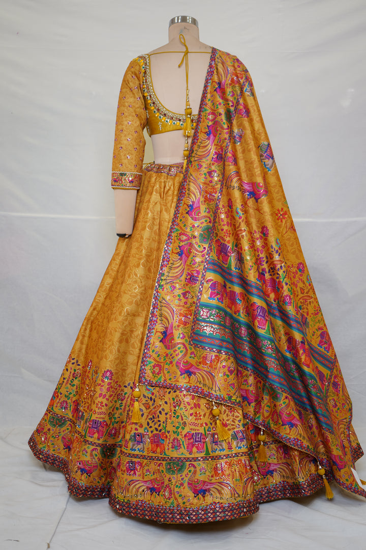 Mustard Heritage Print Lehenga Set with Embroidered Blouse & Statement Dupatta