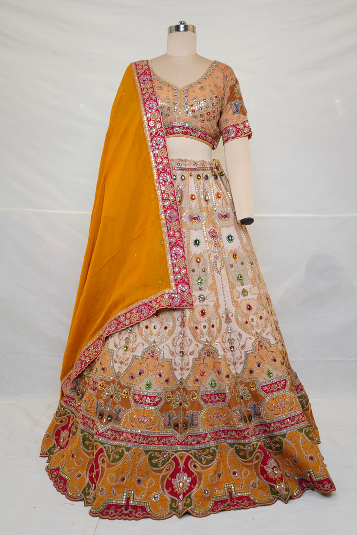 Peach & Mustard Embroidered Bridal Lehenga with Jewel Motifs & Designer Dupatta
