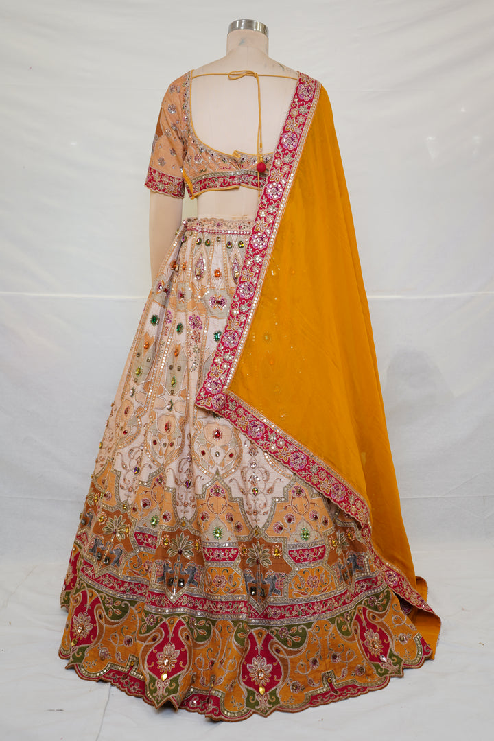 Peach & Mustard Embroidered Bridal Lehenga with Jewel Motifs & Designer Dupatta