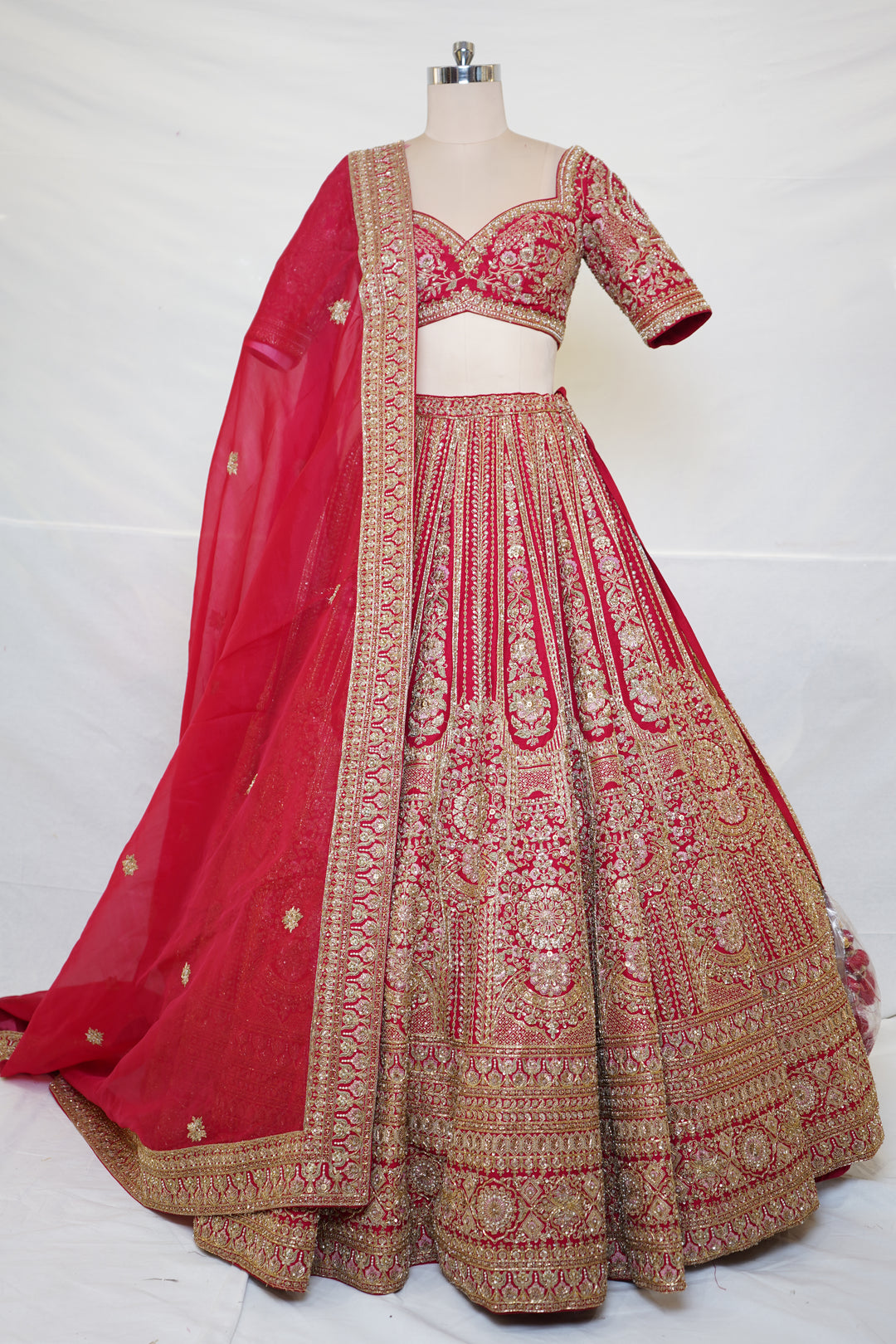 Bridal Red Zari Embroidered Lehenga Choli with Heritage Motifs & Dupatta