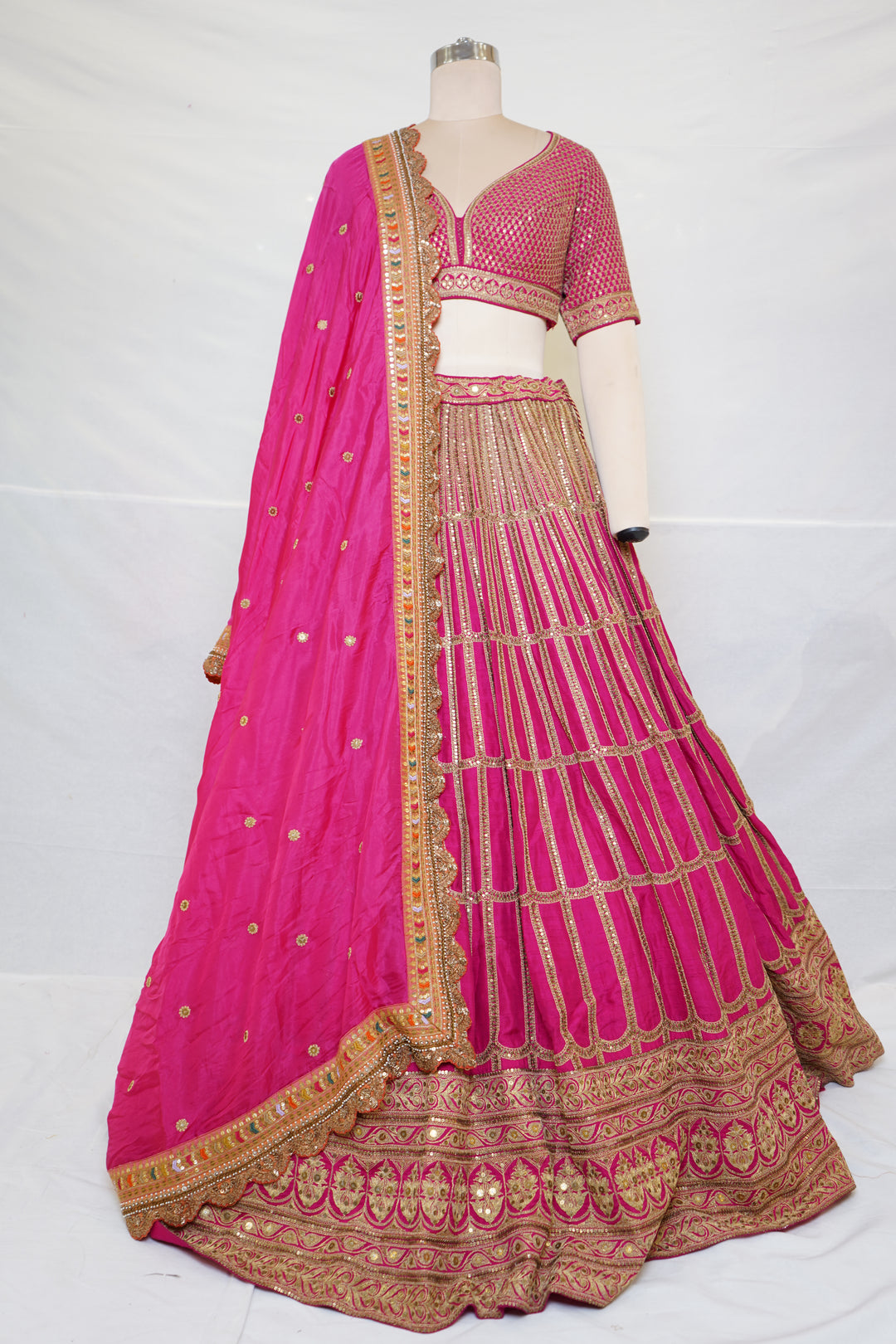 Rani Pink Embroidered Lehenga Choli with Zari Work & Dupatta