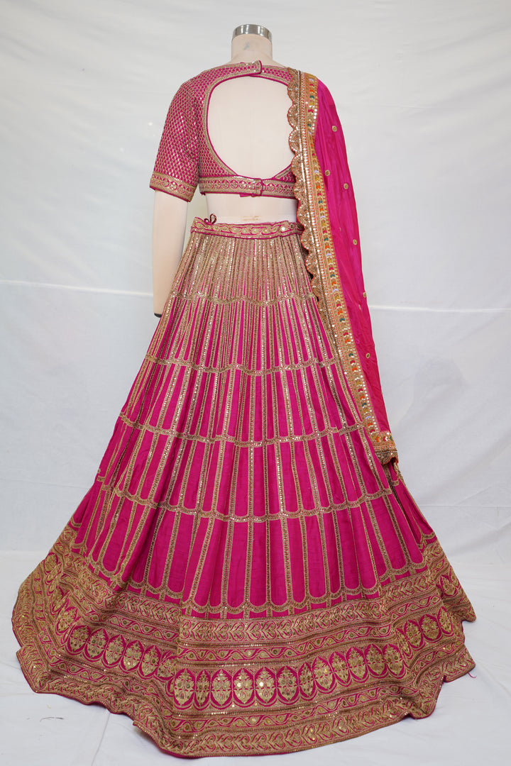Rani Pink Embroidered Lehenga Choli with Zari Work & Dupatta
