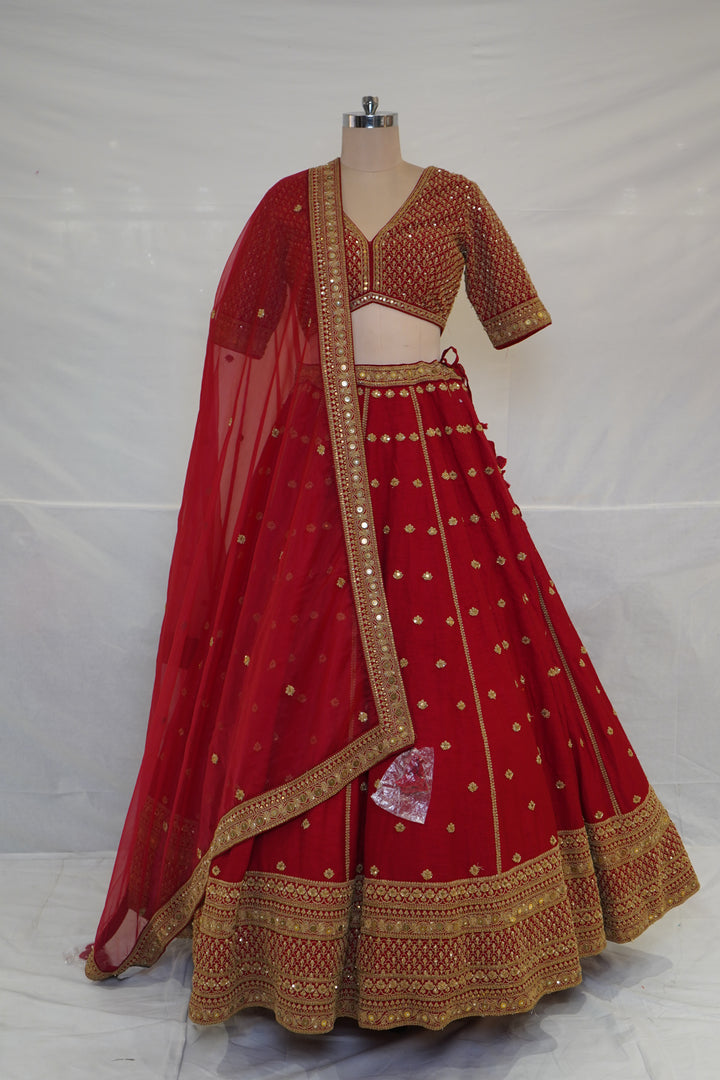 Bridal Red Embroidered Lehenga Choli with Net Dupatta
