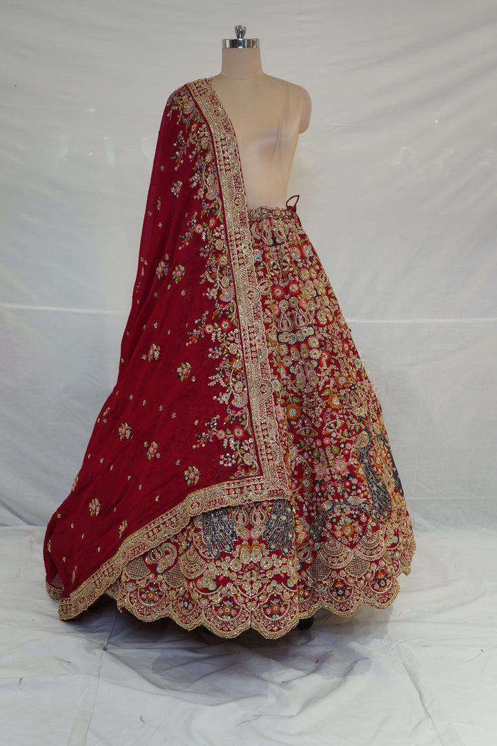 Royal Crimson Bridal Lehenga Set with Intricate Zardozi Embroidery & Peacock Motifs