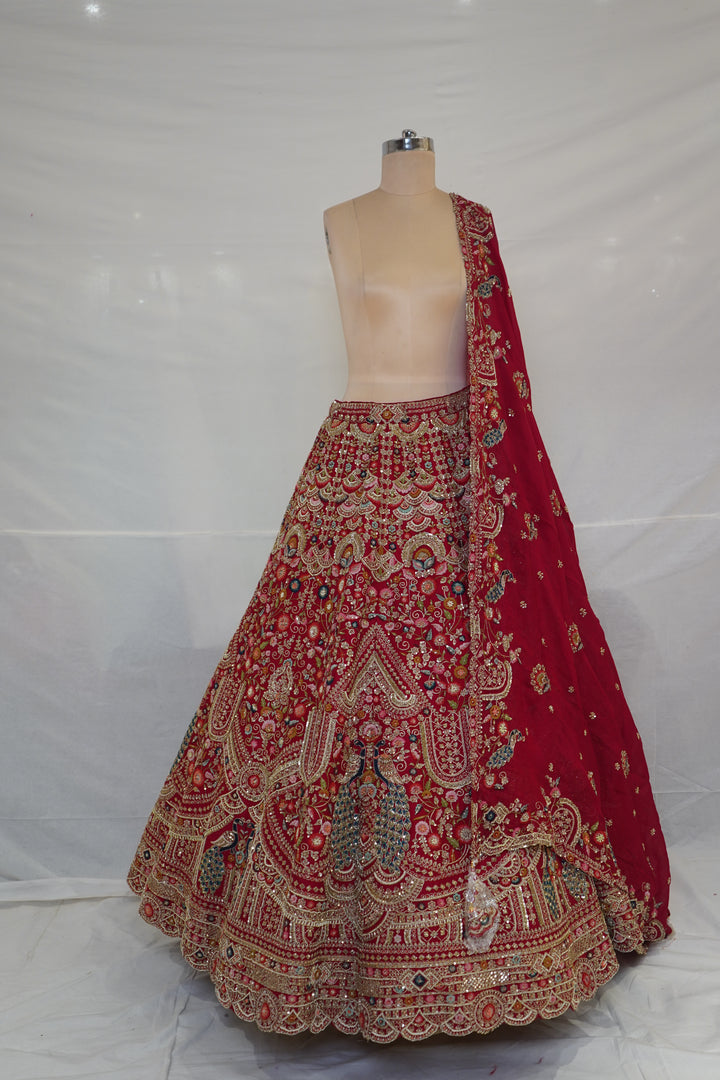 Royal Ruby Red Bridal Lehenga Set with Peacock Motifs & Heritage Zardozi Embroidery