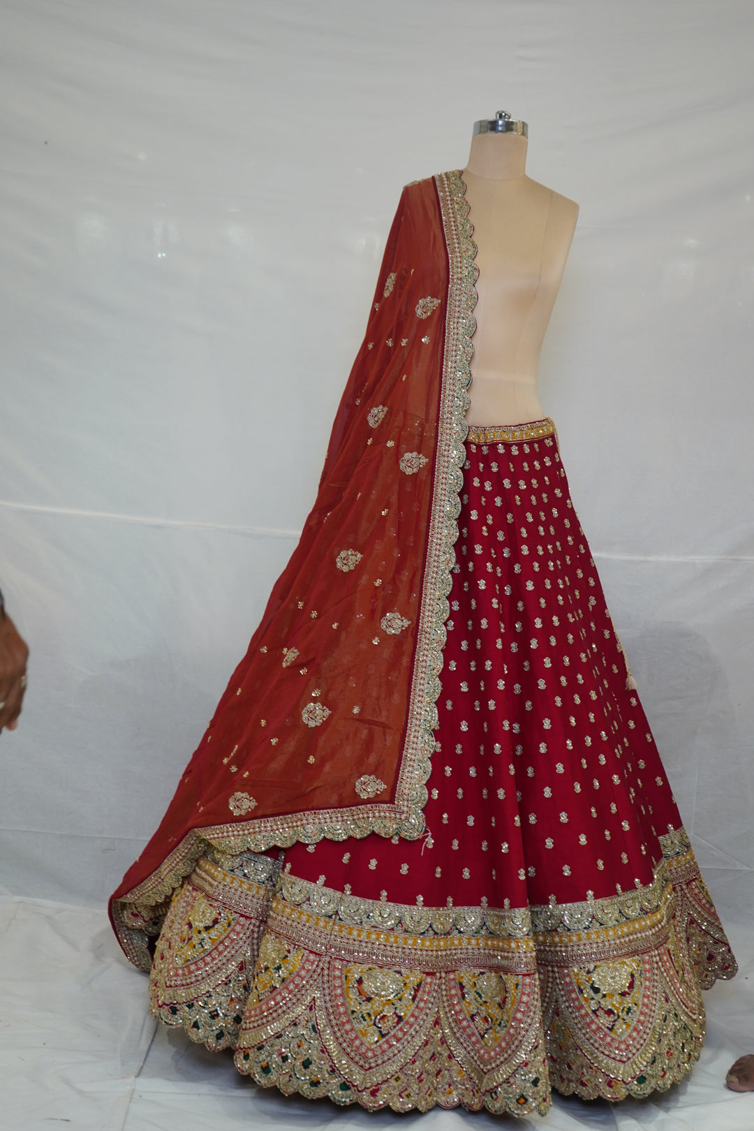 Ruby Red Bridal Lehenga Set with Heritage Embroidered Border & Designer Net Dupatta