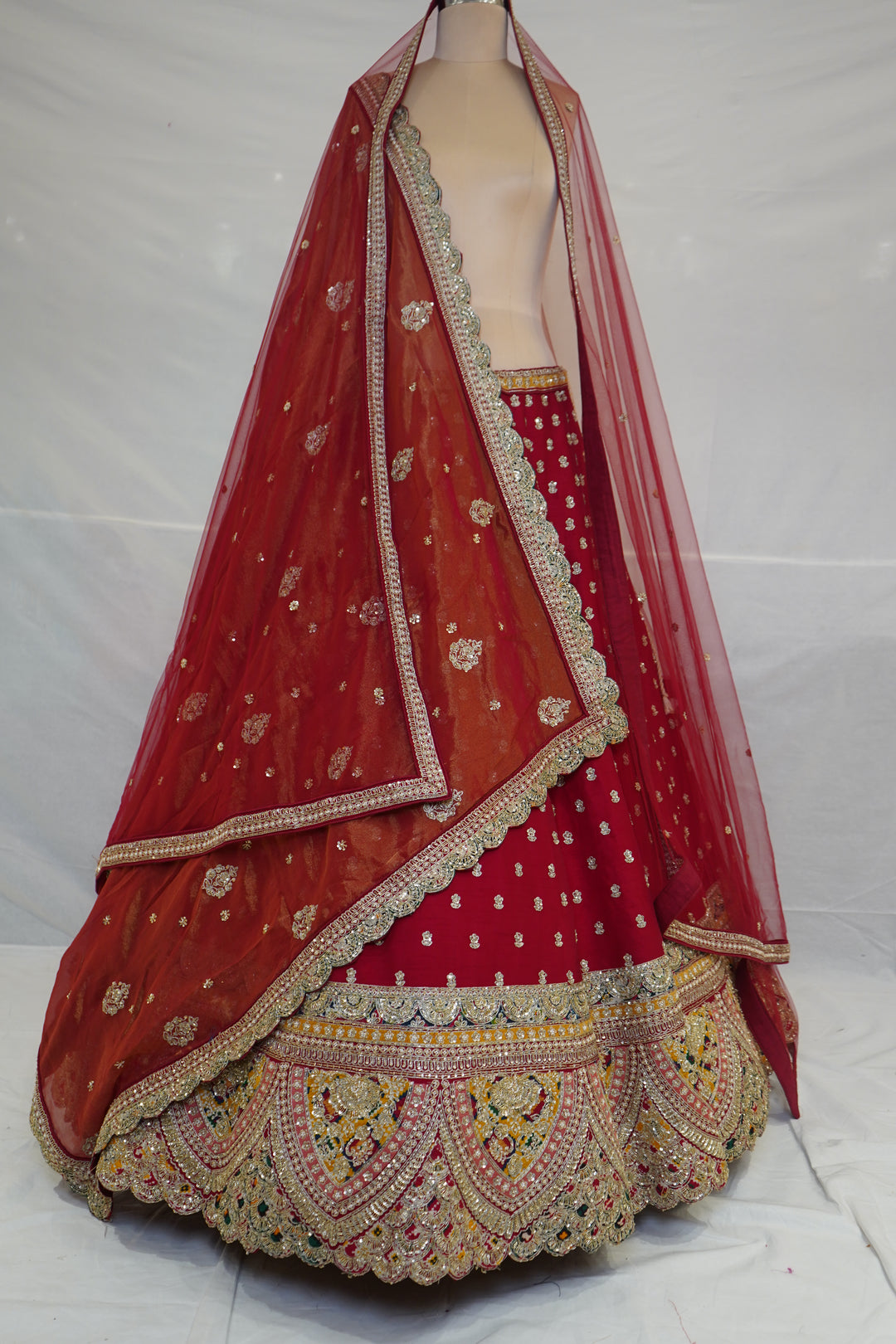 Ruby Red Bridal Lehenga Set with Heritage Embroidered Border & Designer Net Dupatta