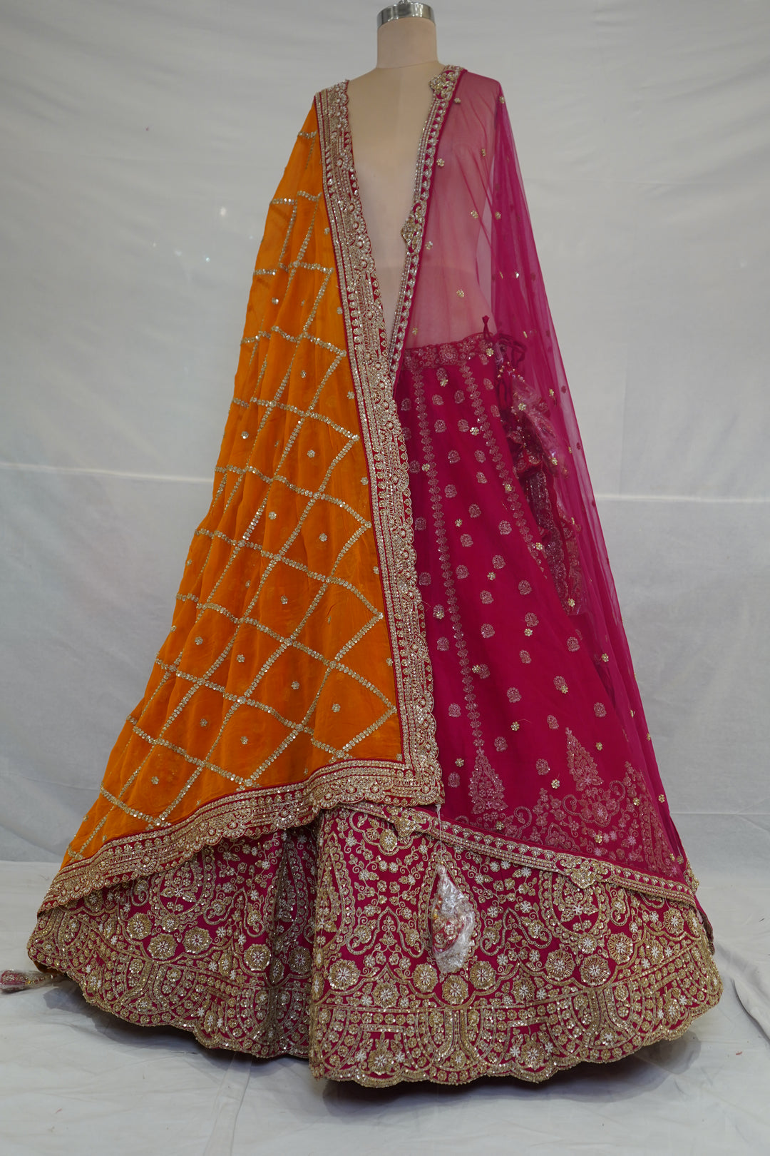Rani Pink Bridal Lehenga Set with Orange Embroidered Dupatta & Royal Zari Heritage Work