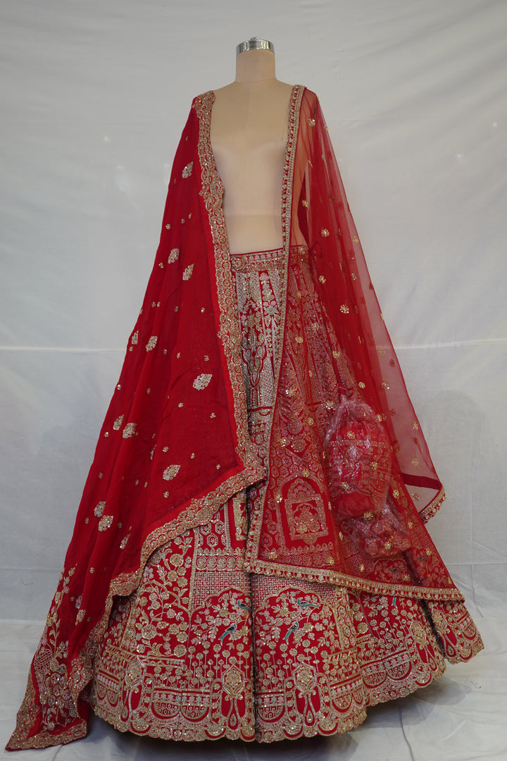 Royal Crimson Red Bridal Lehenga Set with Heritage Zari Embroidery & Designer Net Dupatta