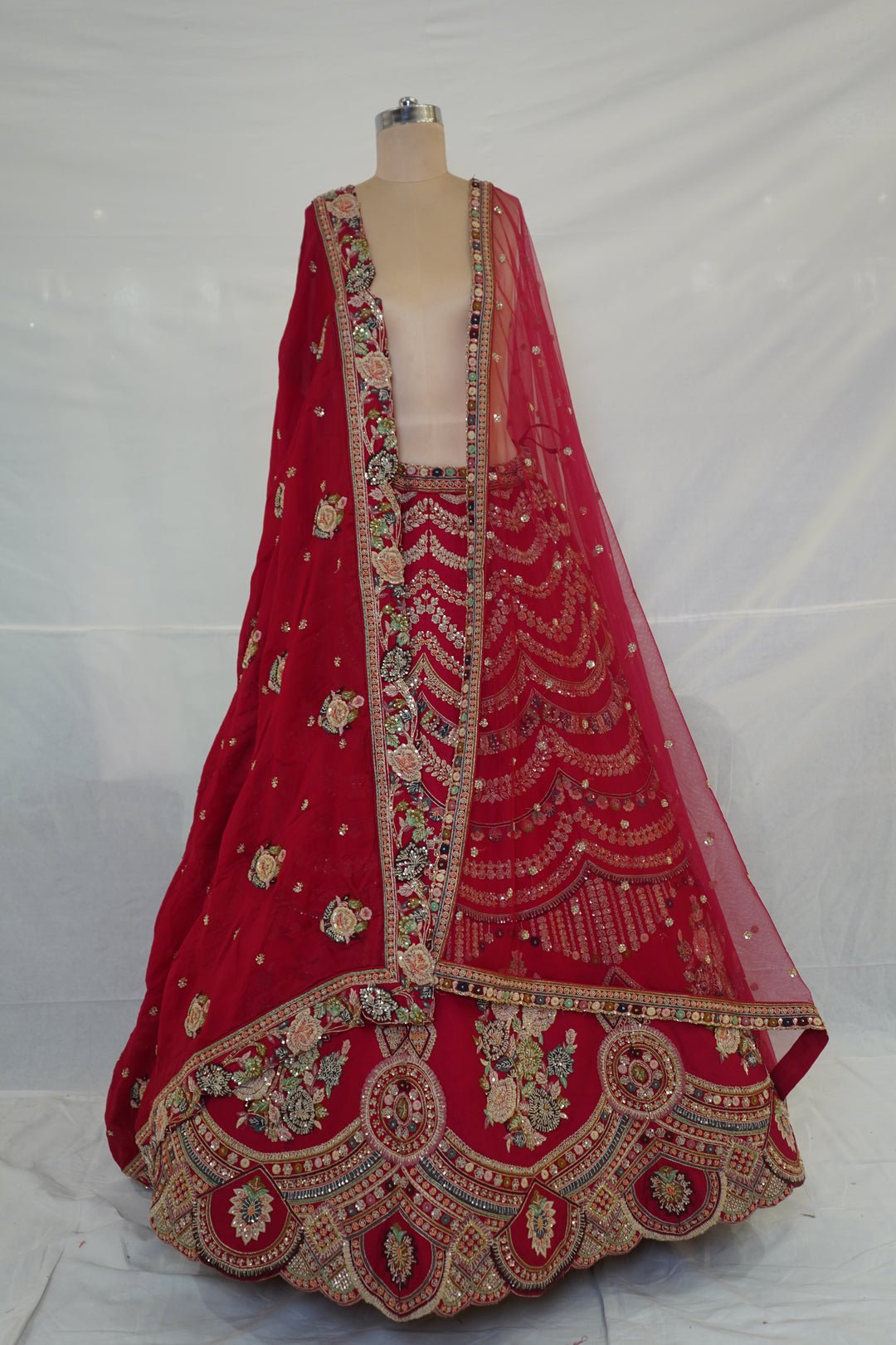 Ruby Red Designer Bridal Lehenga Set with Floral Embroidery & Ornate Zari Detailing