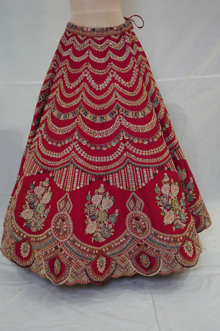 Ruby Red Designer Bridal Lehenga Set with Floral Embroidery & Ornate Zari Detailing