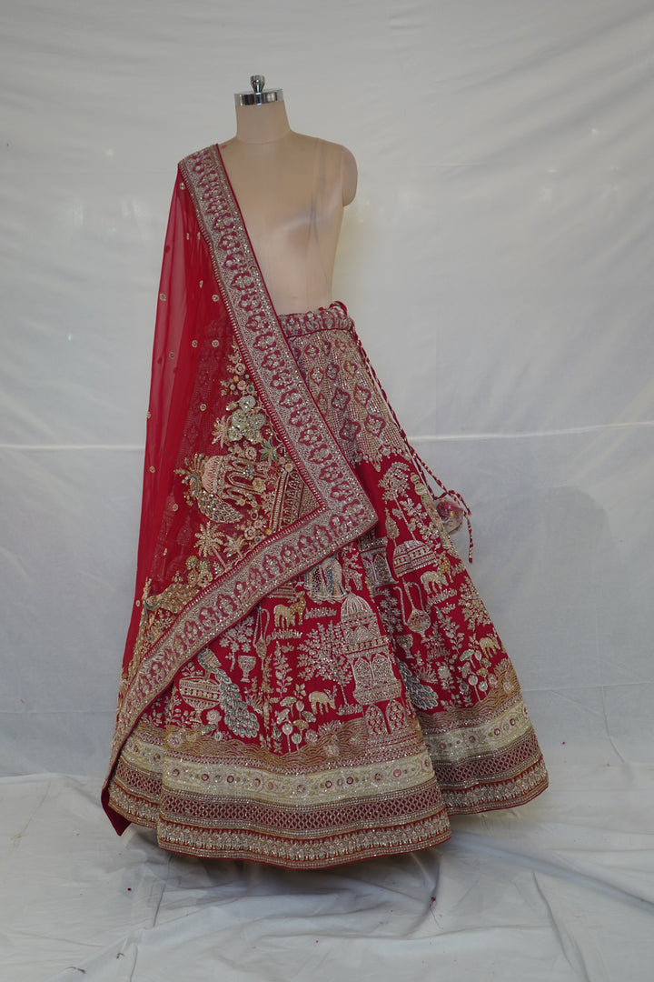 Royal Crimson Red Bridal Lehenga Set with Heritage Zari Embroidery & Designer Net Dupatta