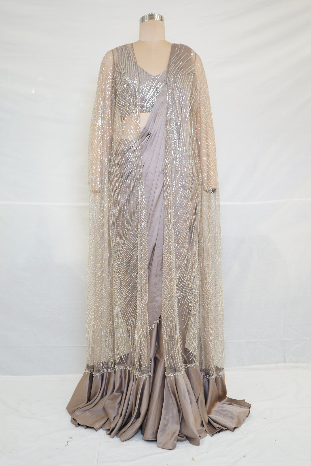 Taupe Grey Sequinned Ready-to-Wear Saree with Embellished Cape