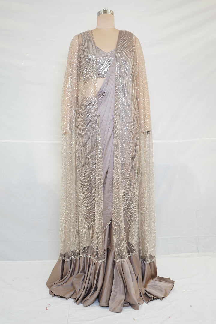 Taupe Grey Sequinned Ready-to-Wear Saree with Embellished Cape