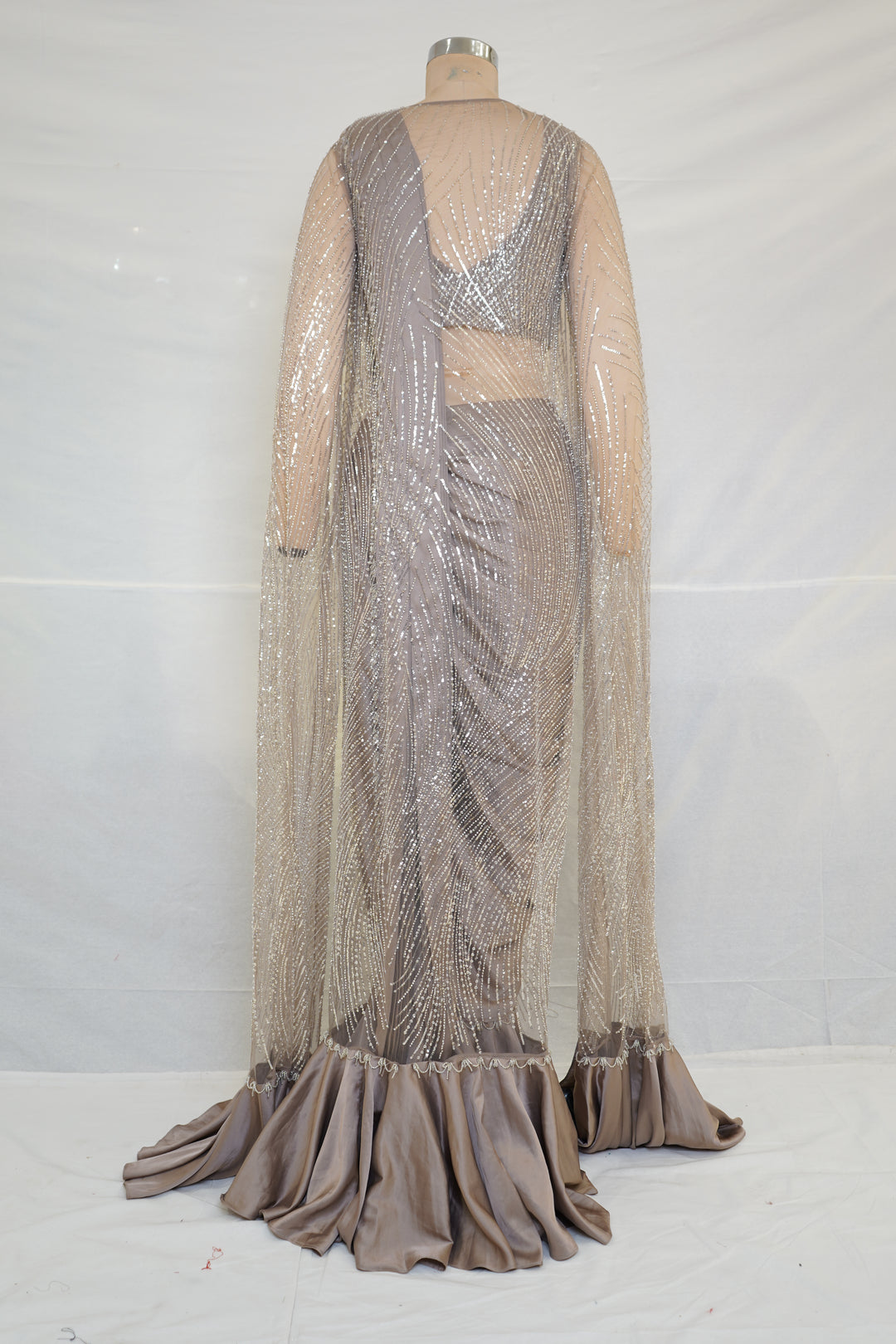 Taupe Grey Sequinned Ready-to-Wear Saree with Embellished Cape