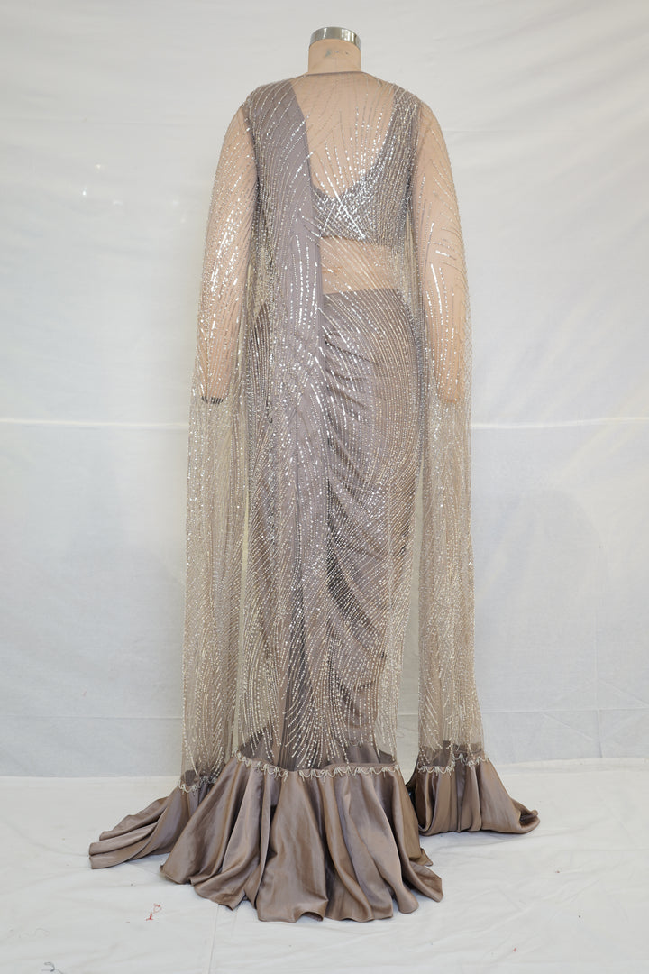 Taupe Grey Sequinned Ready-to-Wear Saree with Embellished Cape
