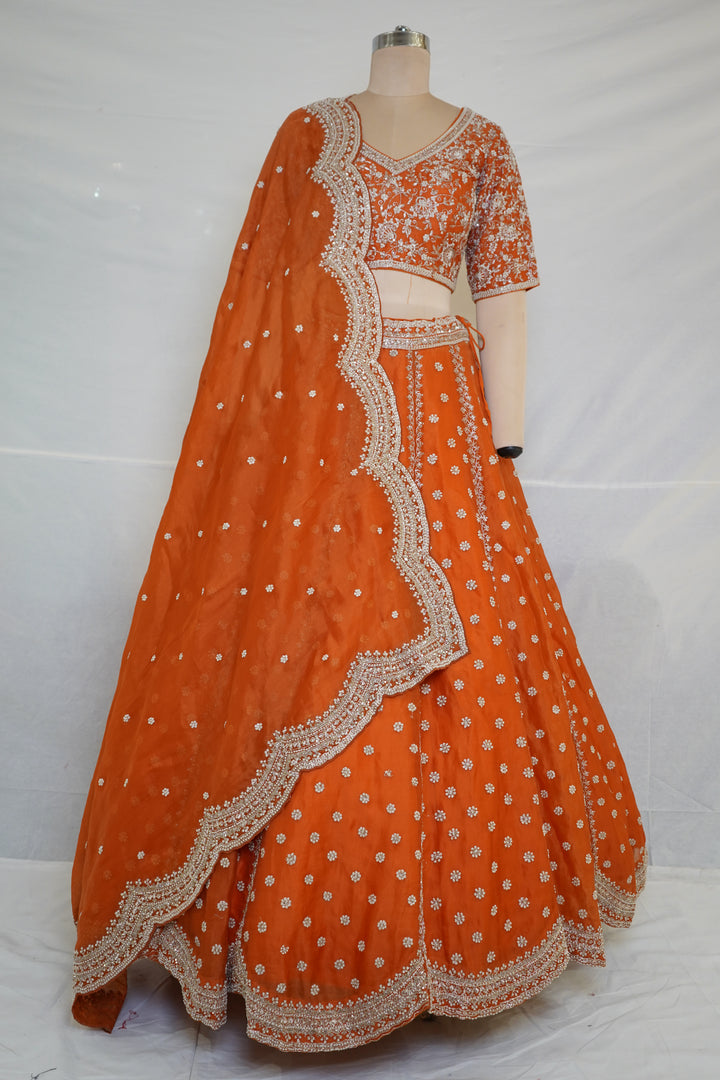 Bright Orange Embroidered Lehenga Choli with Designer Dupatta