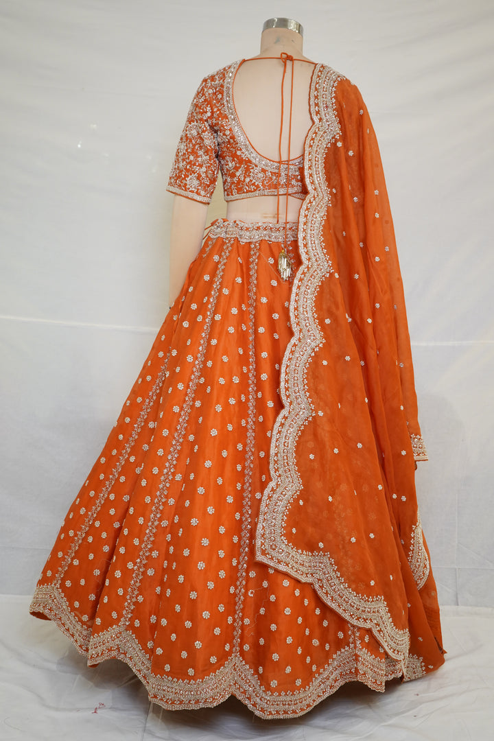 Bright Orange Embroidered Lehenga Choli with Designer Dupatta