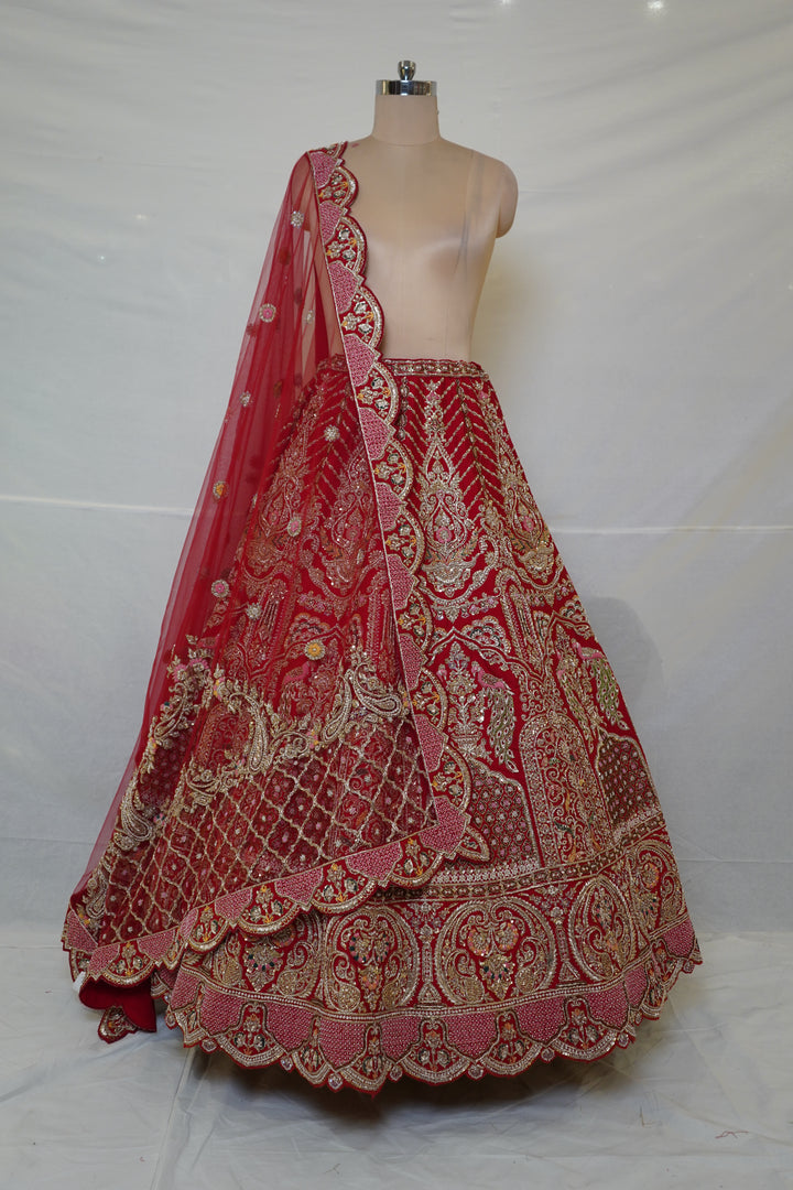 Royal Maroon Bridal Lehenga Set with Heritage Zari Embroidery & Designer Scalloped Net Dupatta