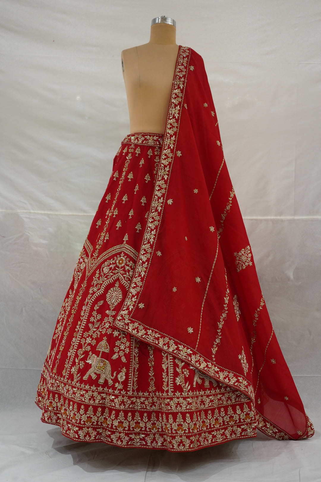 Royal Red Bridal Lehenga Set with Heritage Zari Embroidery & Elephant Motif Border