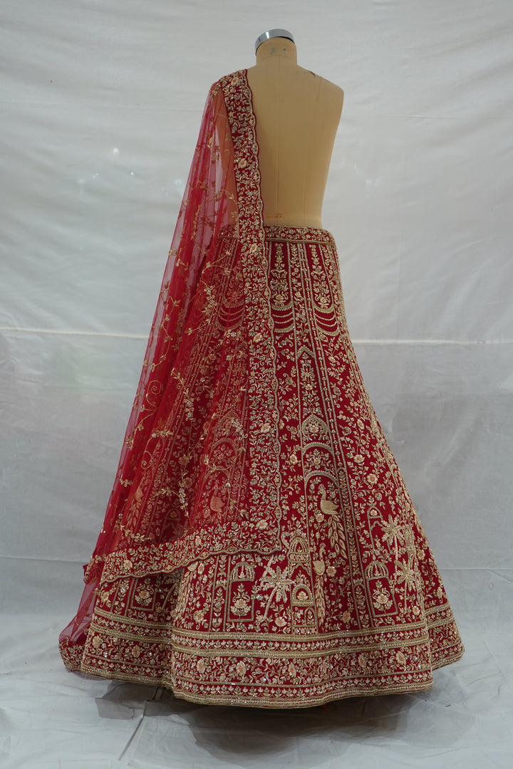 Bridal Red Designer Lehenga Set with Heavy Zari Embroidery & Net Dupatta