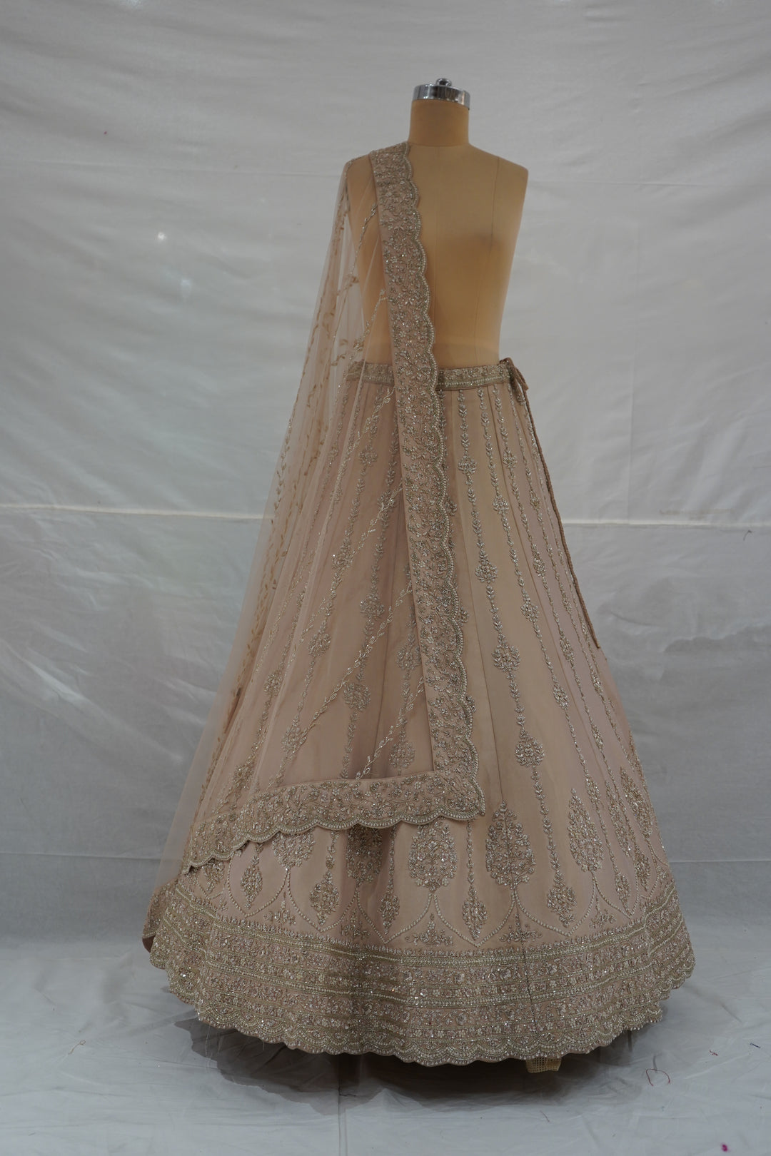 Blush Beige Designer Lehenga Set with Heavy Sequin Embroidery & Net Dupatta