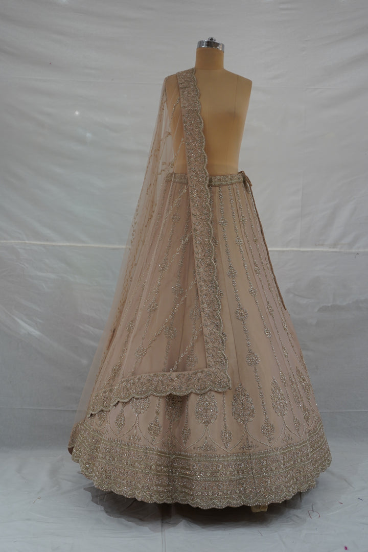 Blush Beige Designer Lehenga Set with Heavy Sequin Embroidery & Net Dupatta