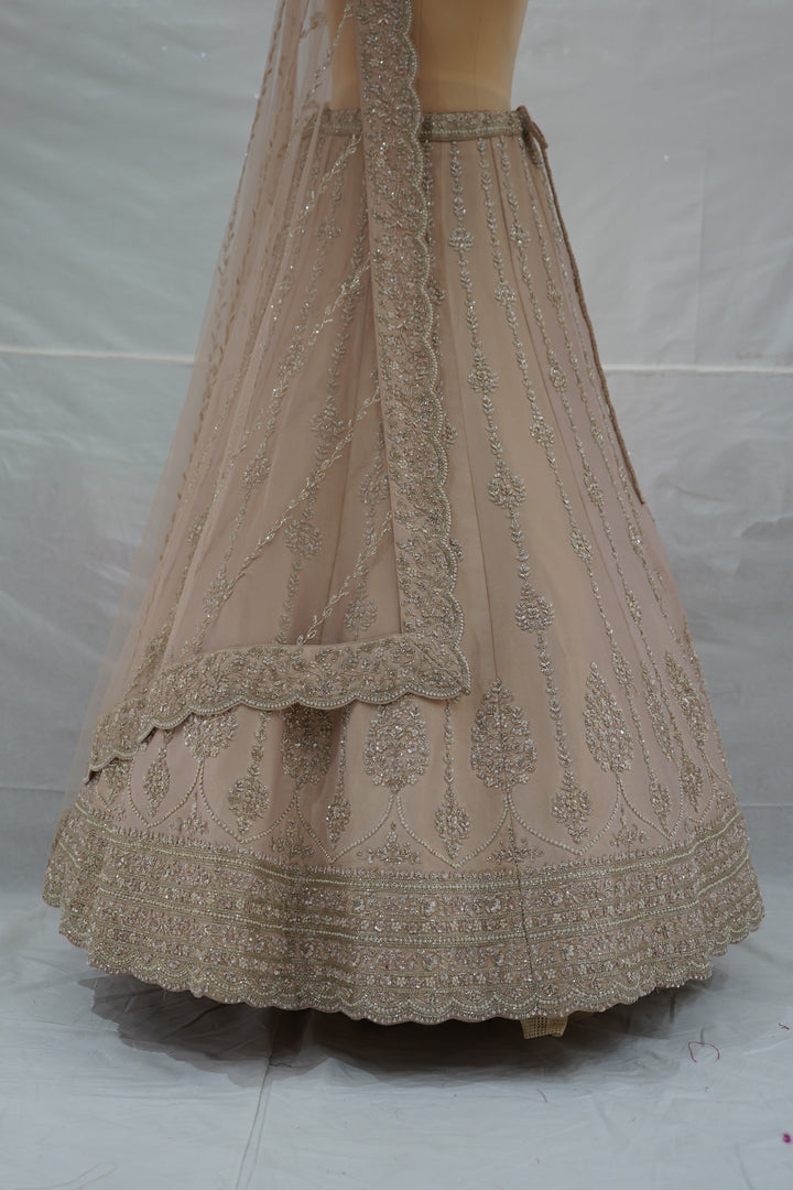 Blush Beige Designer Lehenga Set with Heavy Sequin Embroidery & Net Dupatta