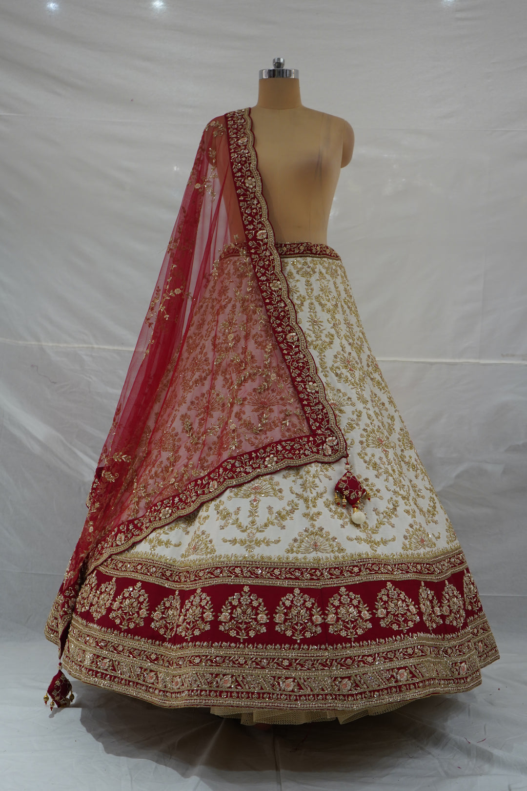 Ivory White & Maroon Designer Bridal Lehenga Set with Heavy Zari Embroidery & Net Dupatta