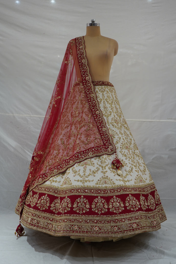 Ivory White & Maroon Designer Bridal Lehenga Set with Heavy Zari Embroidery & Net Dupatta