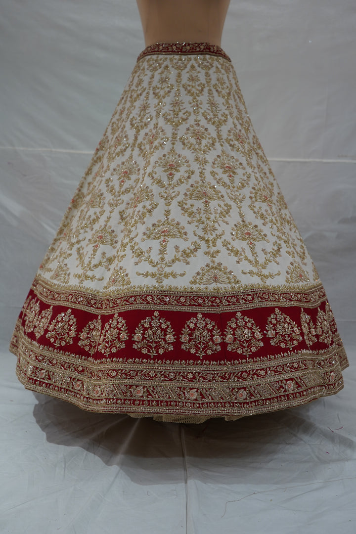 Ivory White & Maroon Designer Bridal Lehenga Set with Heavy Zari Embroidery & Net Dupatta
