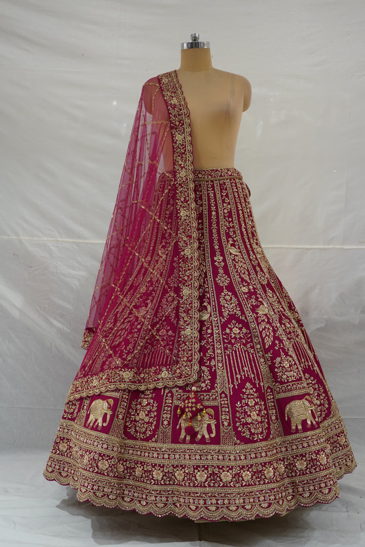 Rani Pink Designer Bridal Lehenga Set with Heavy Zari Embroidery & Net Dupatta
