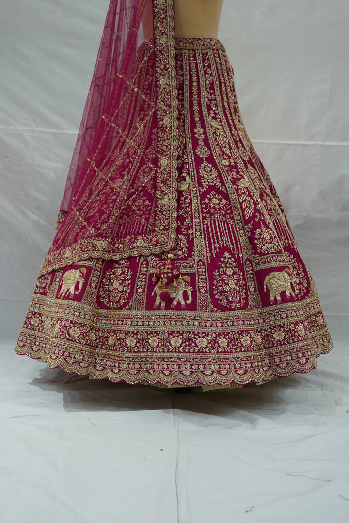 Rani Pink Designer Bridal Lehenga Set with Heavy Zari Embroidery & Net Dupatta