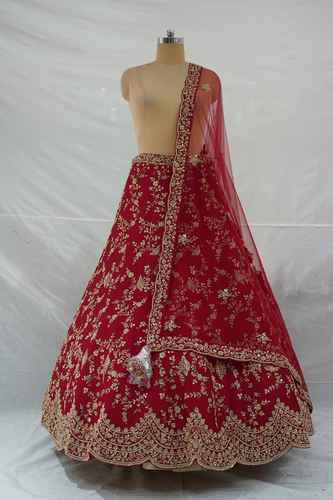 Ruby Red Designer Bridal Lehenga Set with Heavy Zari Embroidery & Net Dupatta