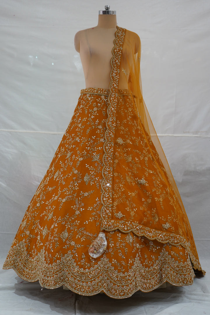Mustard Yellow Designer Bridal Lehenga Set with Heavy Zari Embroidery & Net Dupatta