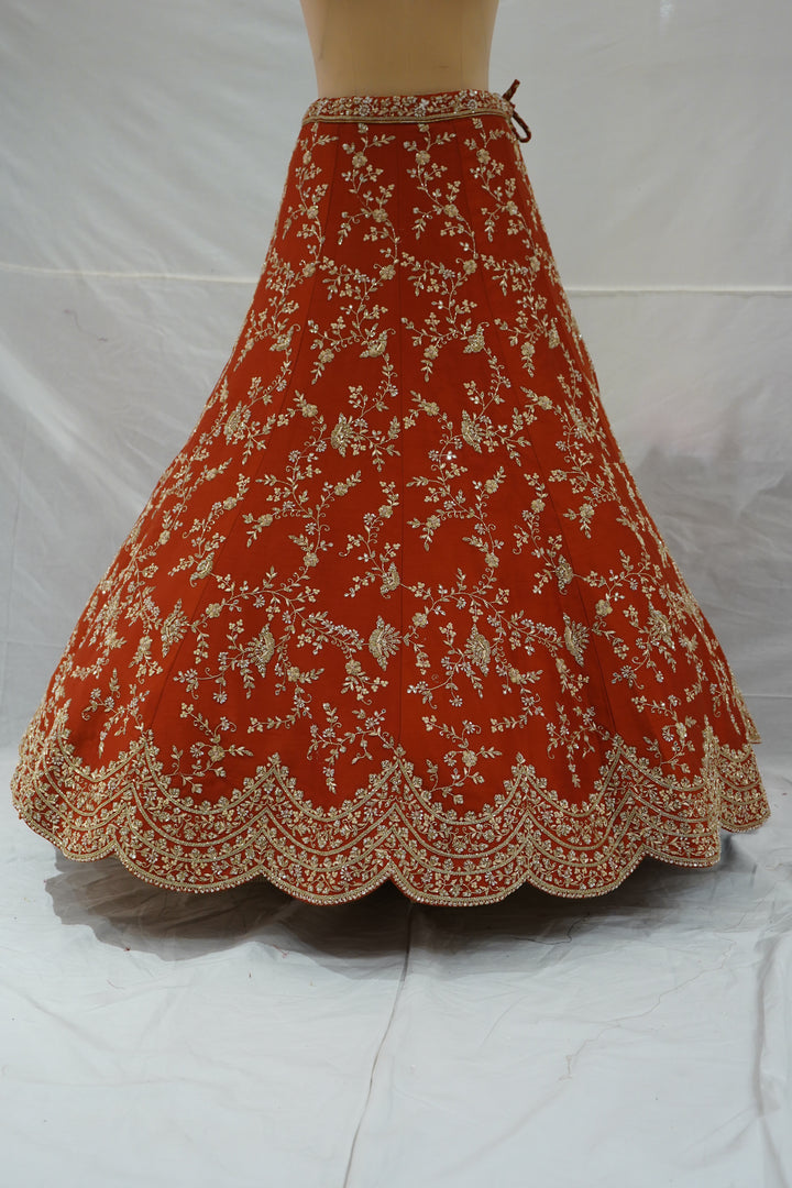 Rust Orange Designer Bridal Lehenga Set with Heavy Zari Embroidery & Net Dupatta