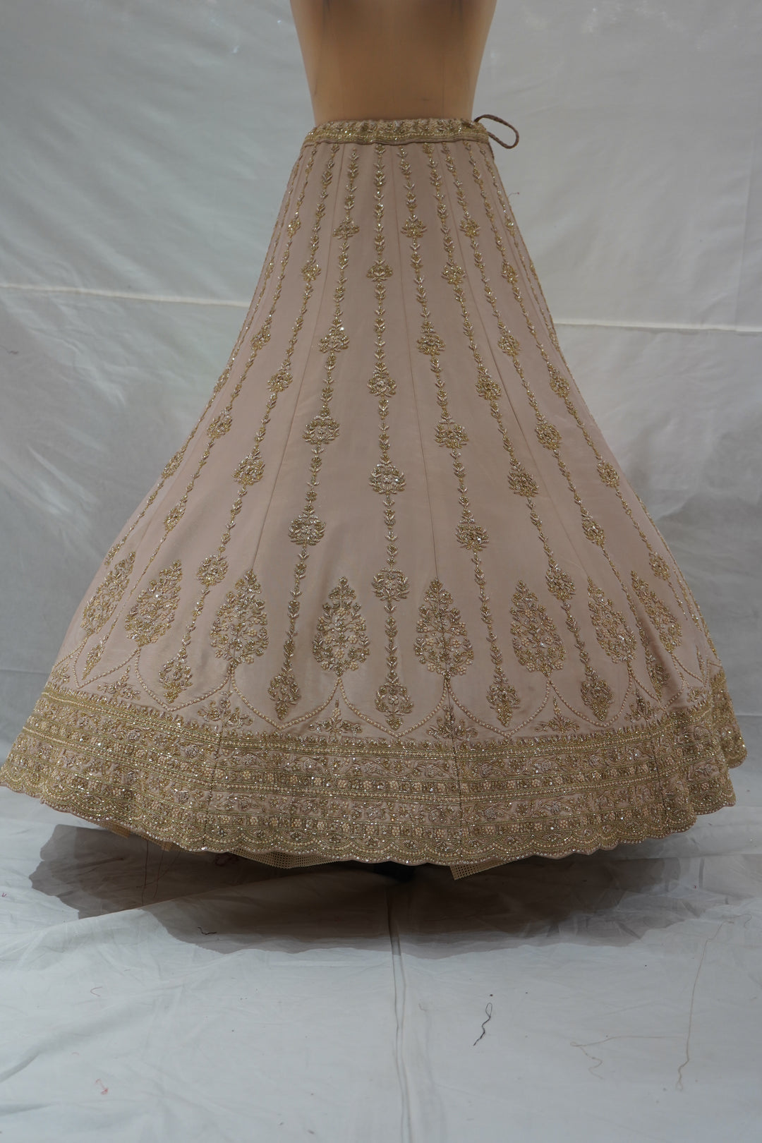 Champagne Beige Designer Bridal Lehenga Set with Heavy Zari Embroidery & Net Dupatta
