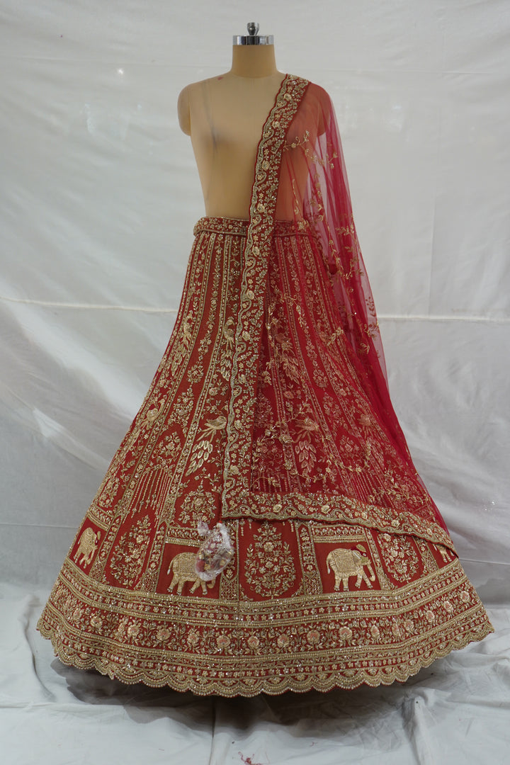 Royal Rust Orange Bridal Lehenga Set with Heritage Zari Embroidery & Net Dupatta