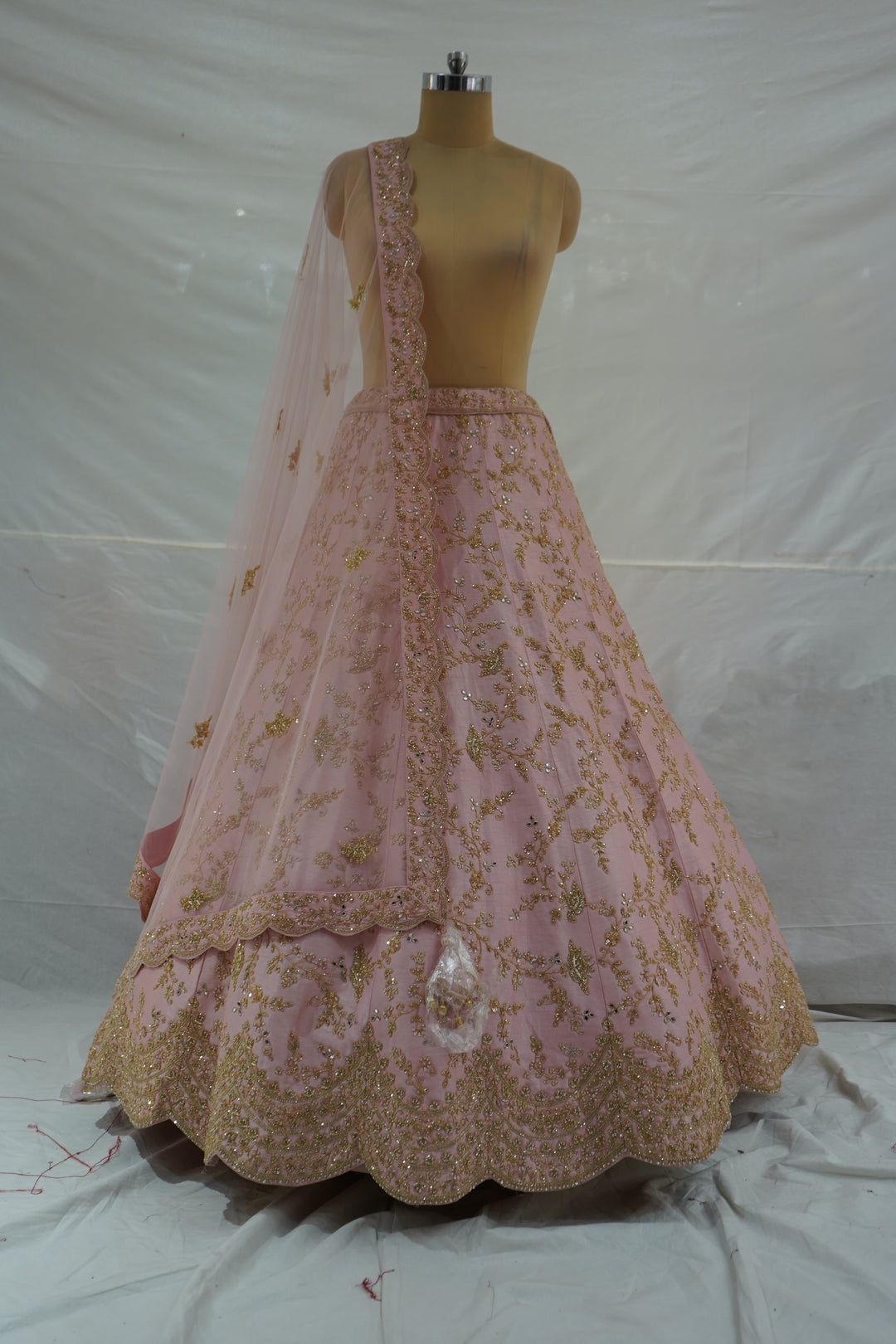 Blush Pink Designer Bridal Lehenga Set with Gold Zari Embroidery & Net Dupatta