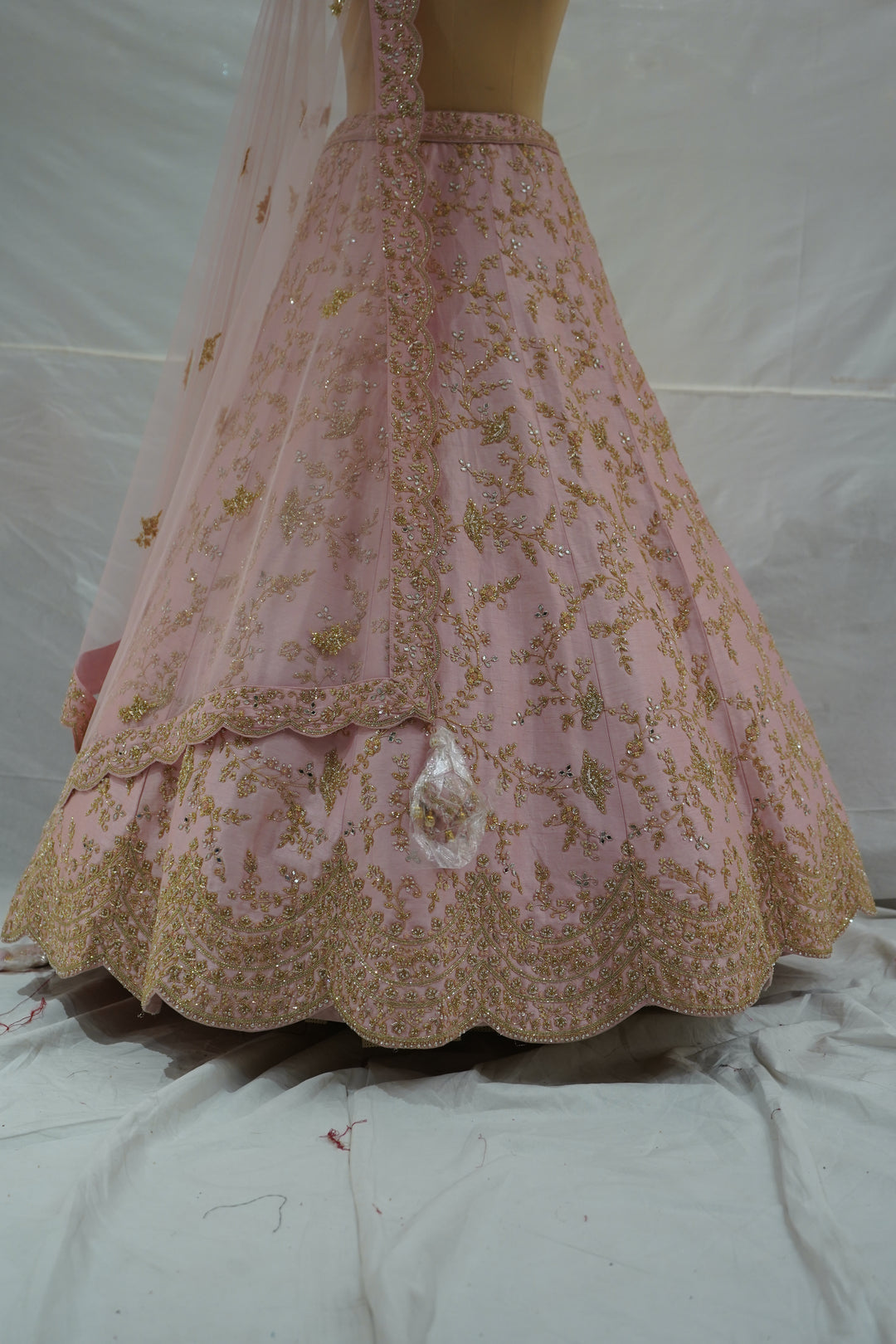 Blush Pink Designer Bridal Lehenga Set with Gold Zari Embroidery & Net Dupatta
