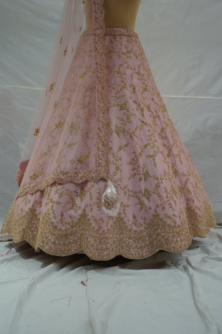 Blush Pink Designer Bridal Lehenga Set with Gold Zari Embroidery & Net Dupatta