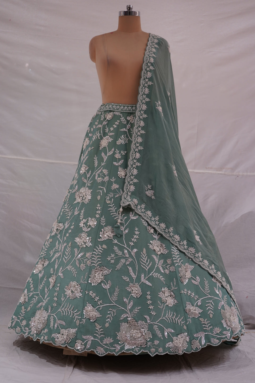 Sage Green Floral Embroidered Designer Lehenga Set with Net Dupatta