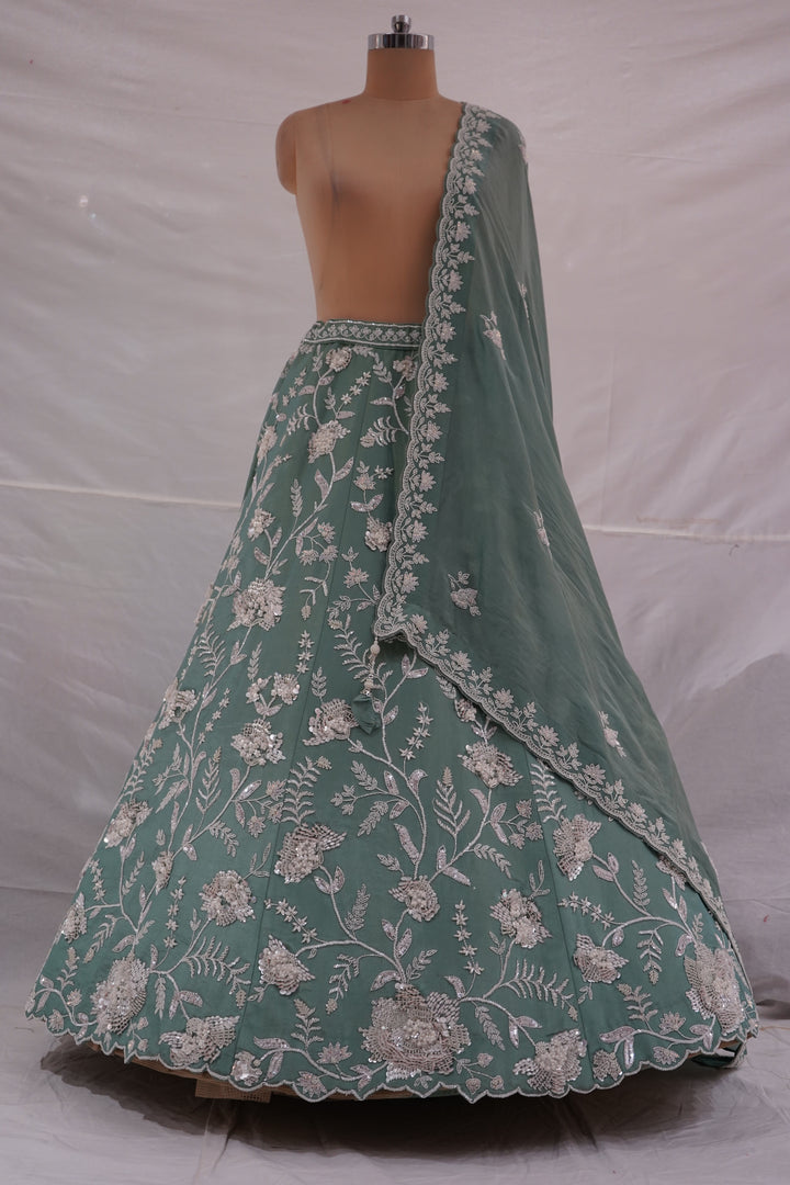 Sage Green Floral Embroidered Designer Lehenga Set with Net Dupatta