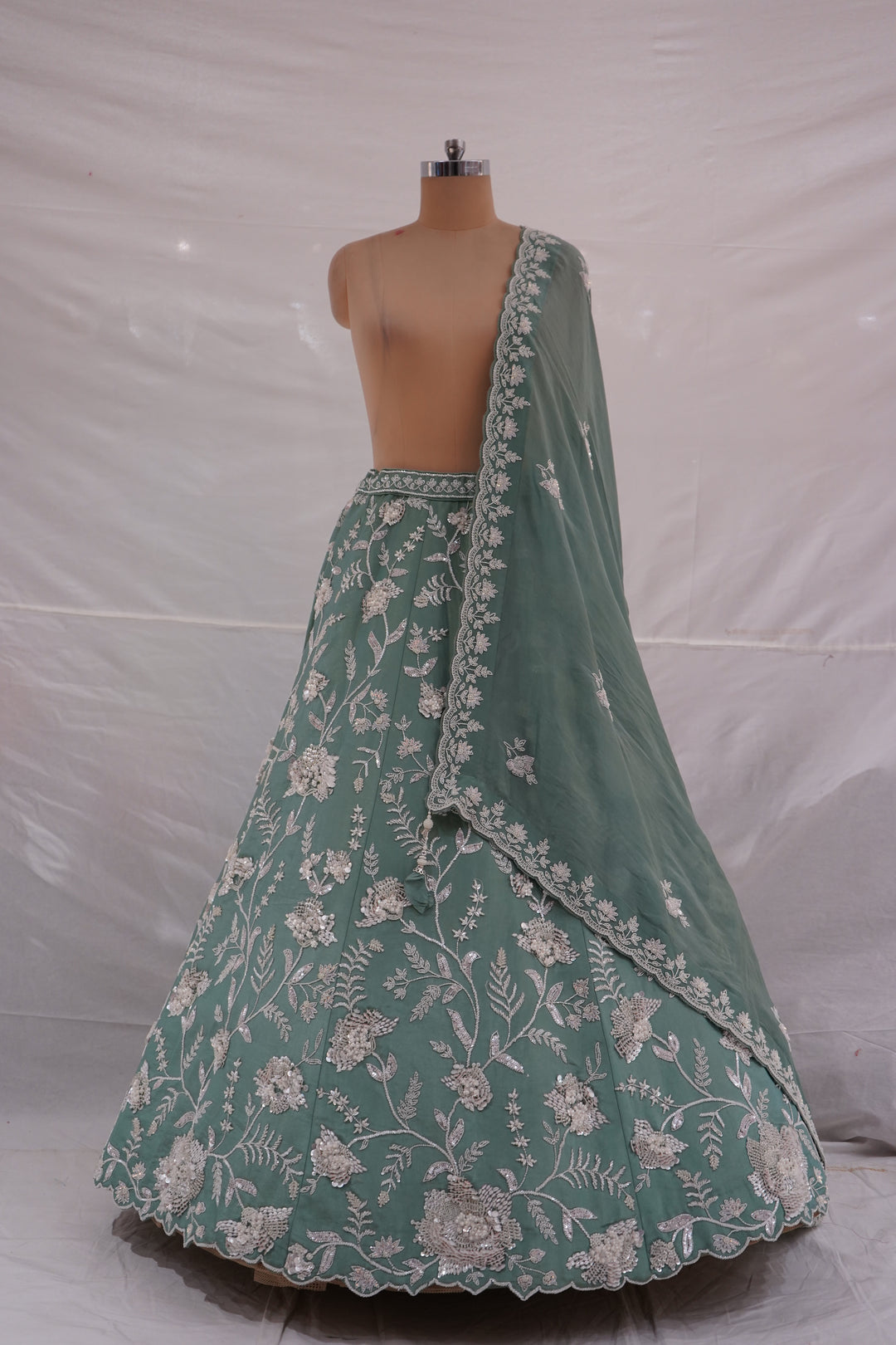 Sage Green Floral Embroidered Designer Lehenga Set with Net Dupatta