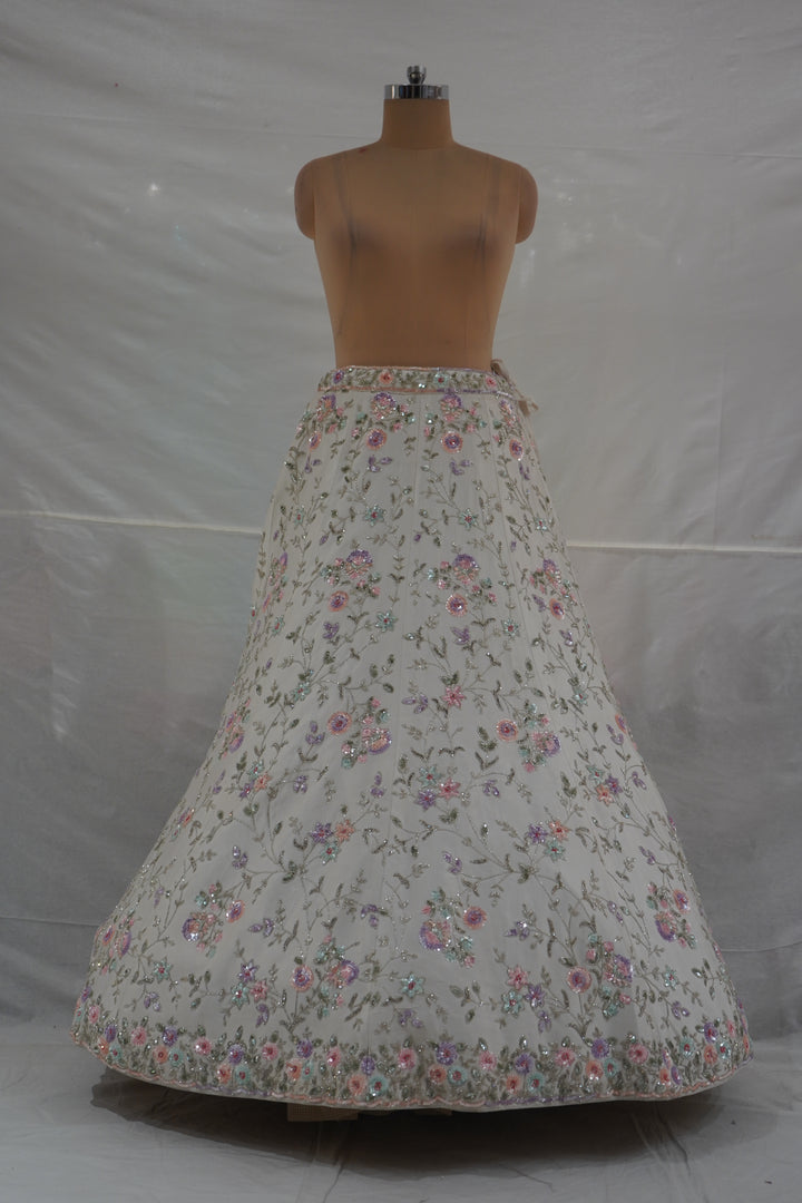 Ivory White Floral Embroidered Designer Lehenga Set with Organza Dupatta
